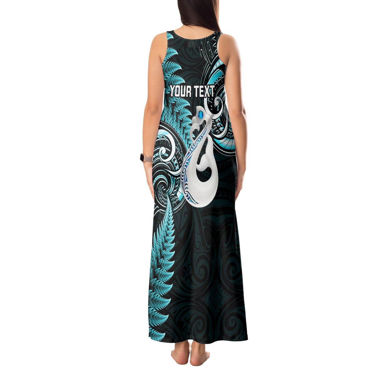 Personalised New Zealand Tank Maxi Dress Aotearoa Silver Fern With Manaia Maori Unique Turquoise - Wonder Print Shop
