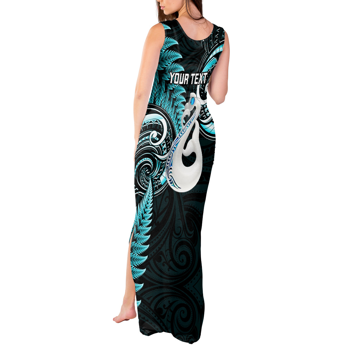 Personalised New Zealand Tank Maxi Dress Aotearoa Silver Fern With Manaia Maori Unique Turquoise - Wonder Print Shop