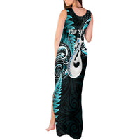 Personalised New Zealand Tank Maxi Dress Aotearoa Silver Fern With Manaia Maori Unique Turquoise - Wonder Print Shop