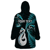 Personalised New Zealand Wearable Blanket Hoodie Aotearoa Silver Fern With Manaia Maori Unique Turquoise - Wonder Print Shop