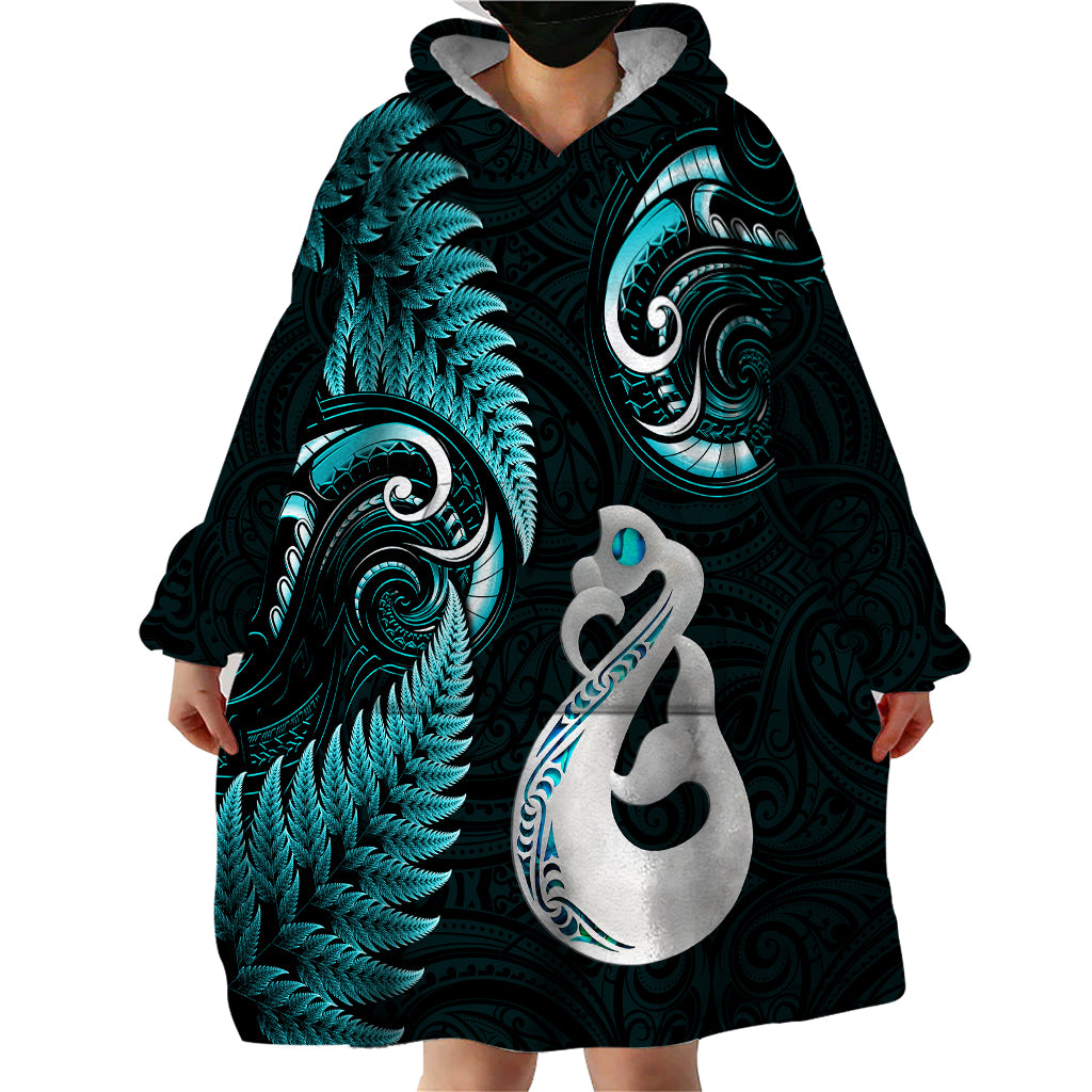 Personalised New Zealand Wearable Blanket Hoodie Aotearoa Silver Fern With Manaia Maori Unique Turquoise - Wonder Print Shop
