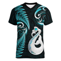 Personalised New Zealand Women V Neck T Shirt Aotearoa Silver Fern With Manaia Maori Unique Turquoise - Wonder Print Shop