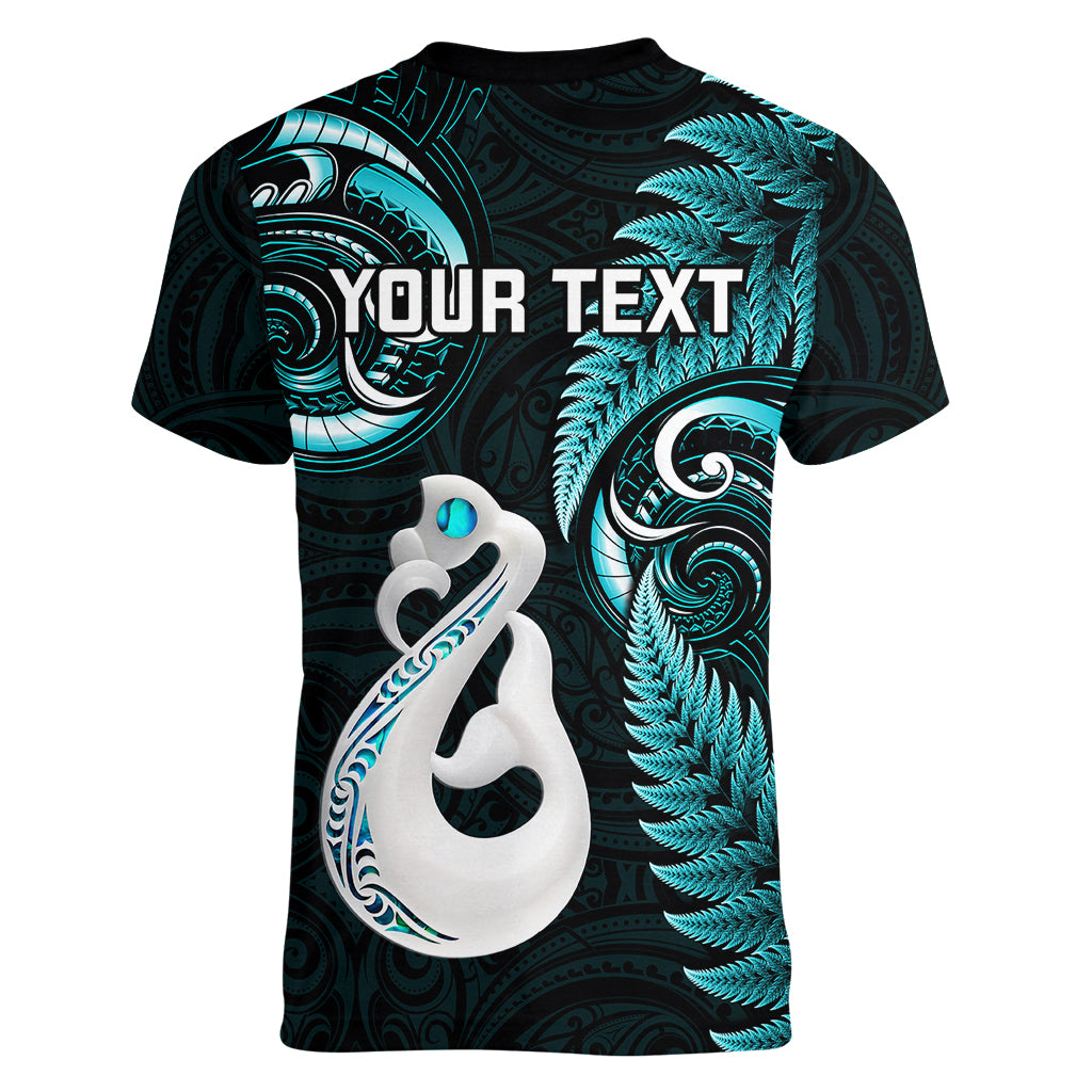 Personalised New Zealand Women V Neck T Shirt Aotearoa Silver Fern With Manaia Maori Unique Turquoise - Wonder Print Shop