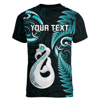 Personalised New Zealand Women V Neck T Shirt Aotearoa Silver Fern With Manaia Maori Unique Turquoise - Wonder Print Shop