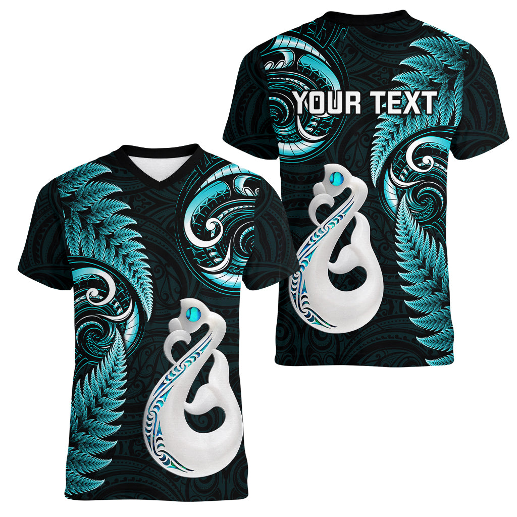 Personalised New Zealand Women V Neck T Shirt Aotearoa Silver Fern With Manaia Maori Unique Turquoise - Wonder Print Shop