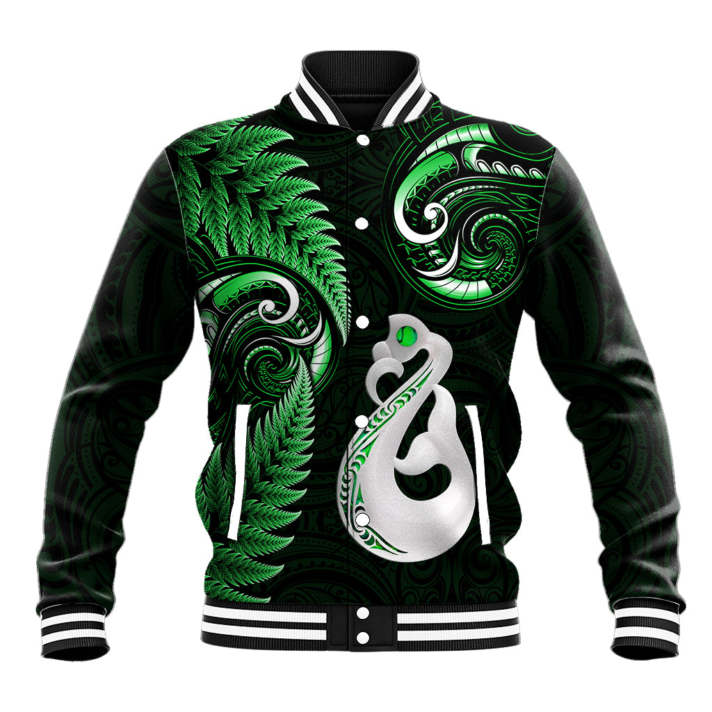 Personalised New Zealand Baseball Jacket Aotearoa Silver Fern With Manaia Maori Unique Green - Wonder Print Shop