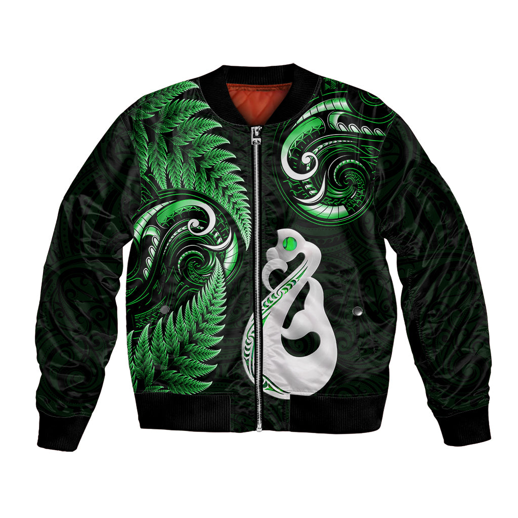 Personalised New Zealand Bomber Jacket Aotearoa Silver Fern With Manaia Maori Unique Green - Wonder Print Shop