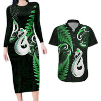 Personalised New Zealand Couples Long Sleeve Bodycon Dress and Hawaiian Shirt Aotearoa Silver Fern With Manaia Maori Unique Green - Wonder Print Shop