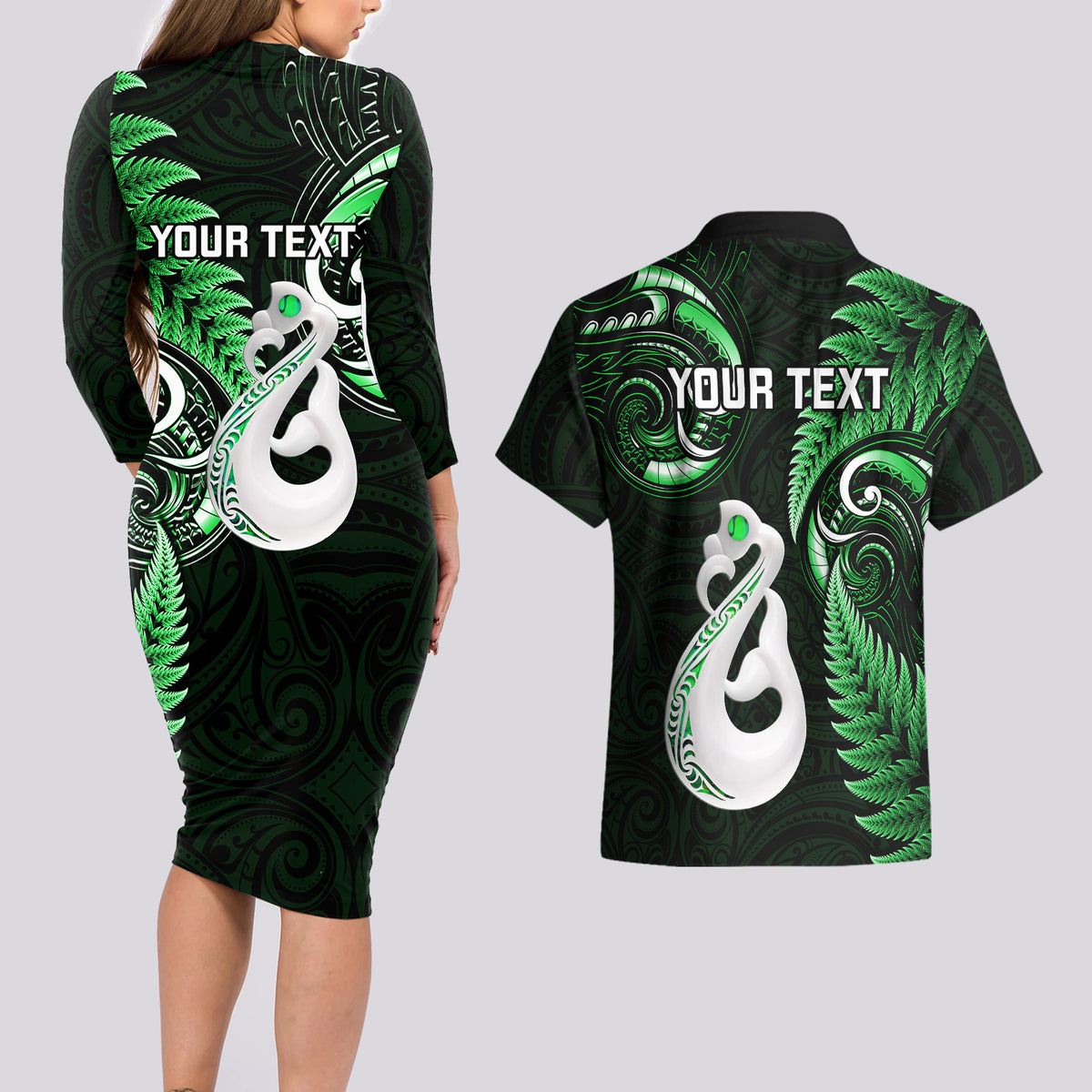 Personalised New Zealand Couples Long Sleeve Bodycon Dress and Hawaiian Shirt Aotearoa Silver Fern With Manaia Maori Unique Green - Wonder Print Shop