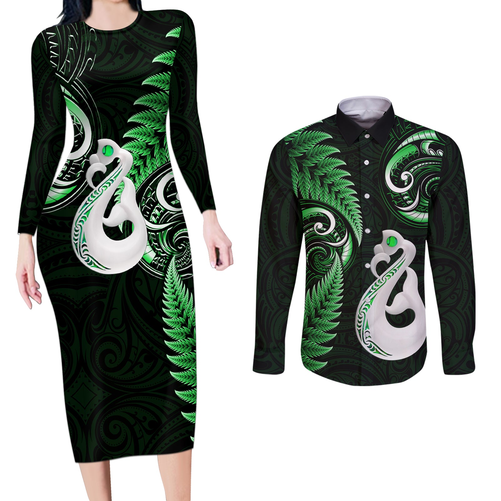 Personalised New Zealand Couples Long Sleeve Bodycon Dress and Long Sleeve Button Shirts Aotearoa Silver Fern With Manaia Maori Unique Green - Wonder Print Shop