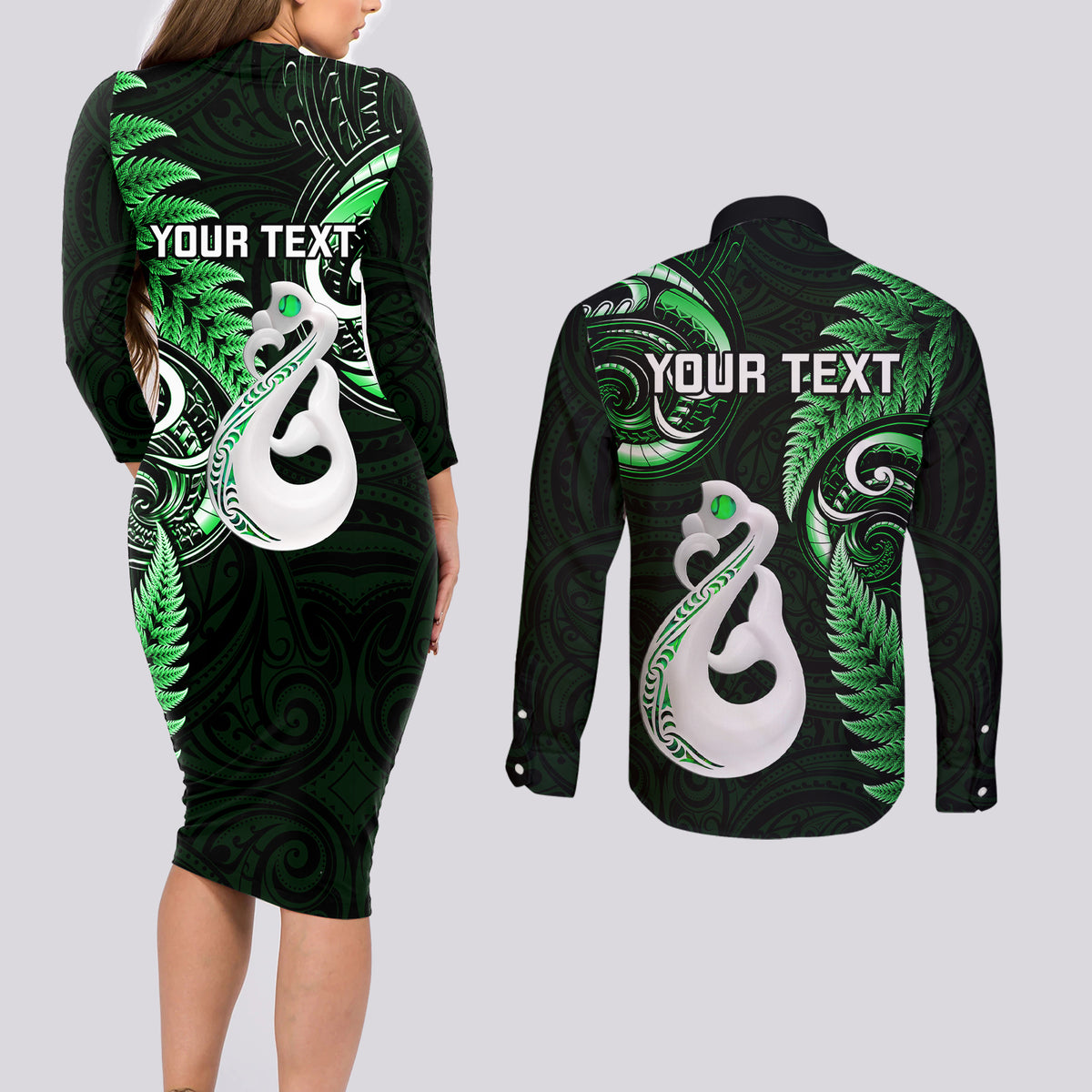 Personalised New Zealand Couples Long Sleeve Bodycon Dress and Long Sleeve Button Shirts Aotearoa Silver Fern With Manaia Maori Unique Green - Wonder Print Shop
