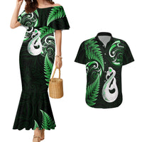 Personalised New Zealand Couples Mermaid Dress And Hawaiian Shirt Aotearoa Silver Fern With Manaia Maori Unique Green - Wonder Print Shop