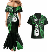 Personalised New Zealand Couples Mermaid Dress And Hawaiian Shirt Aotearoa Silver Fern With Manaia Maori Unique Green - Wonder Print Shop