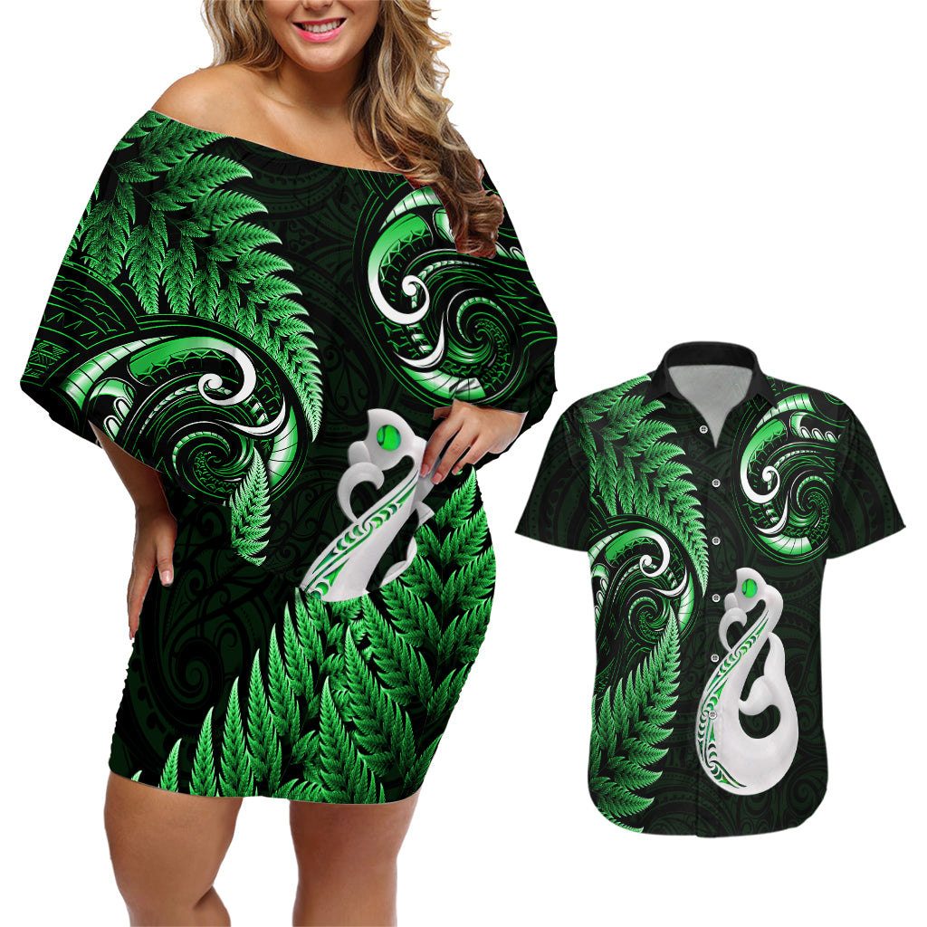 Personalised New Zealand Couples Off Shoulder Short Dress and Hawaiian Shirt Aotearoa Silver Fern With Manaia Maori Unique Green - Wonder Print Shop