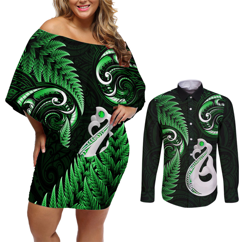 Personalised New Zealand Couples Off Shoulder Short Dress and Long Sleeve Button Shirts Aotearoa Silver Fern With Manaia Maori Unique Green - Wonder Print Shop