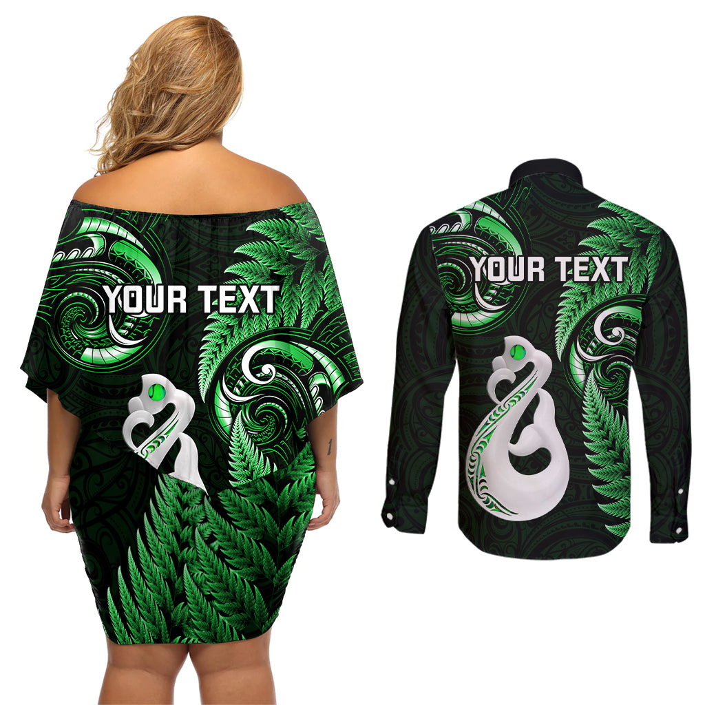 Personalised New Zealand Couples Off Shoulder Short Dress and Long Sleeve Button Shirts Aotearoa Silver Fern With Manaia Maori Unique Green - Wonder Print Shop