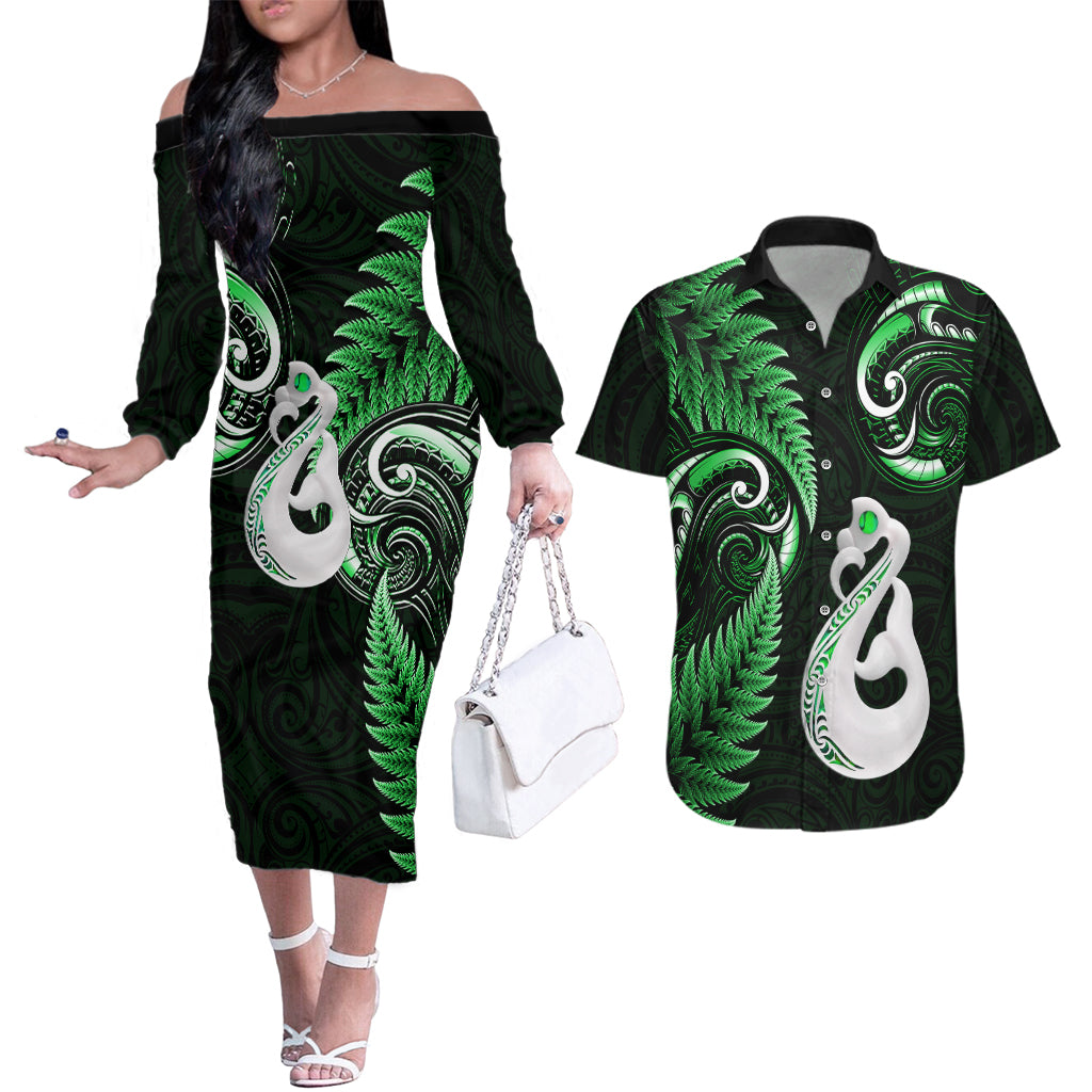 Personalised New Zealand Couples Off The Shoulder Long Sleeve Dress and Hawaiian Shirt Aotearoa Silver Fern With Manaia Maori Unique Green - Wonder Print Shop