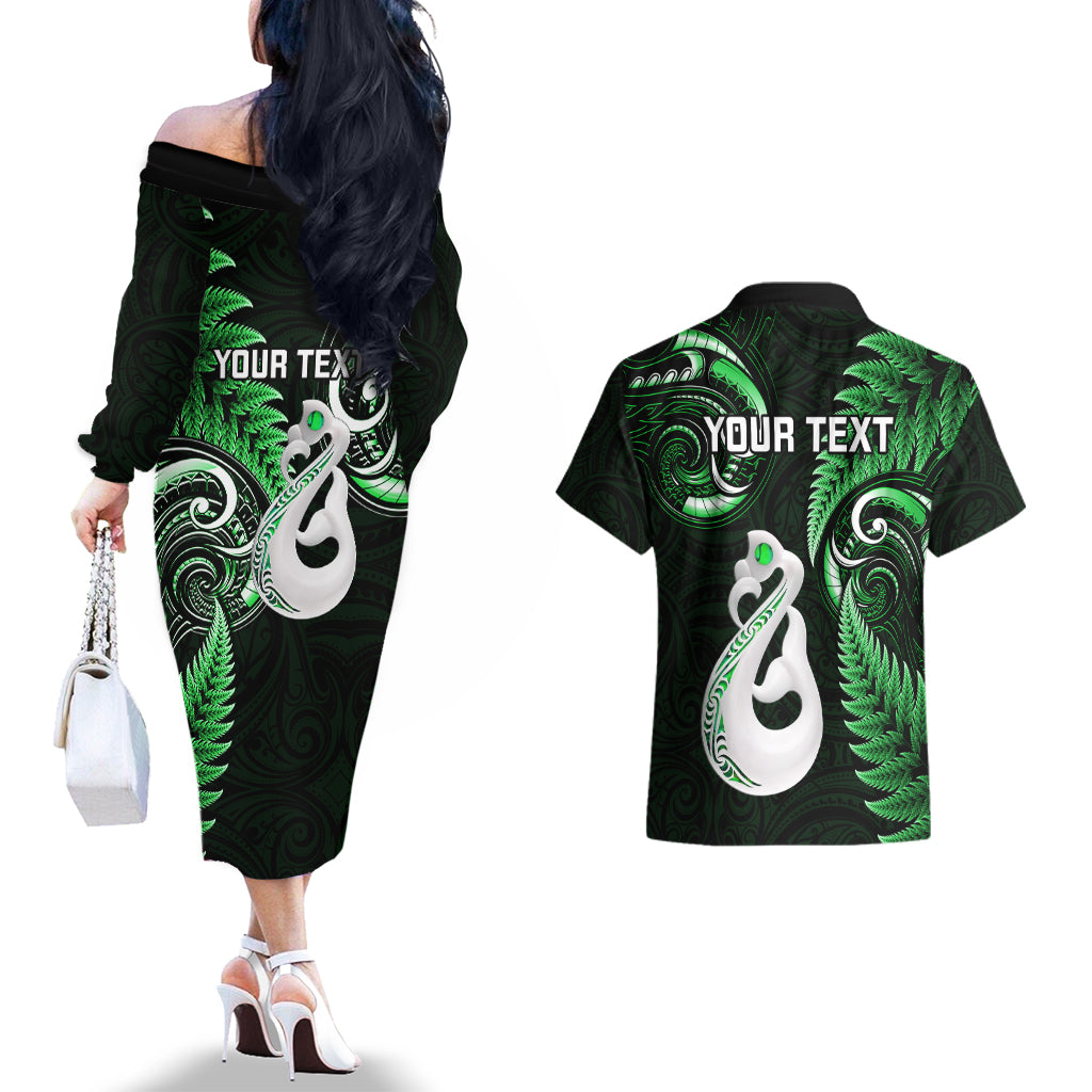 Personalised New Zealand Couples Off The Shoulder Long Sleeve Dress and Hawaiian Shirt Aotearoa Silver Fern With Manaia Maori Unique Green - Wonder Print Shop