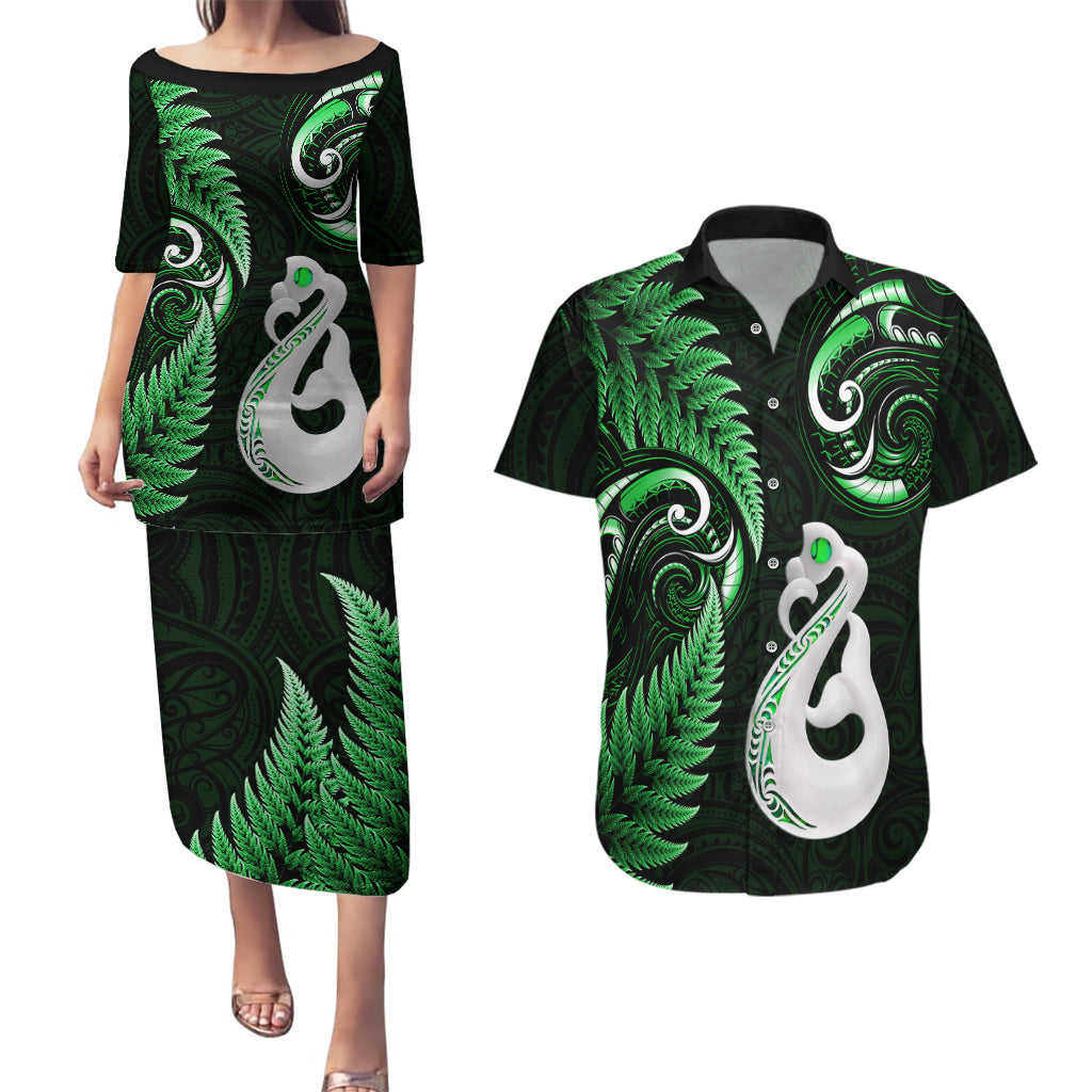 Personalised New Zealand Couples Puletasi Dress and Hawaiian Shirt Aotearoa Silver Fern With Manaia Maori Unique Green - Wonder Print Shop