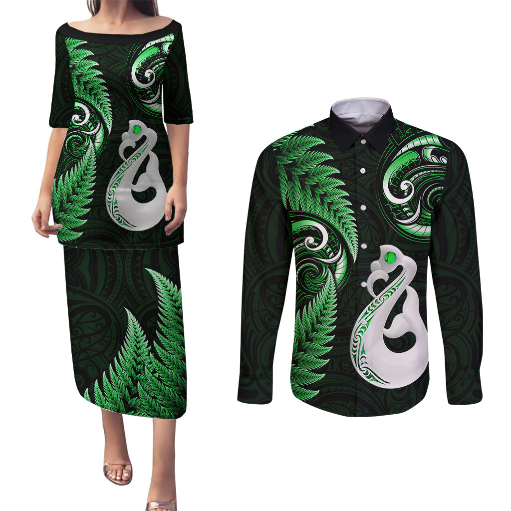 Personalised New Zealand Couples Puletasi Dress and Long Sleeve Button Shirts Aotearoa Silver Fern With Manaia Maori Unique Green - Wonder Print Shop