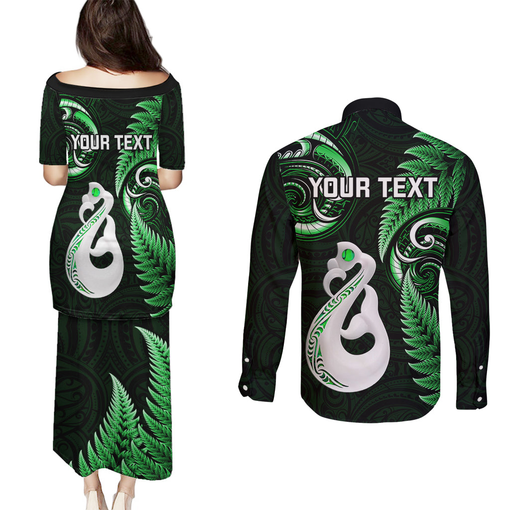 Personalised New Zealand Couples Puletasi Dress and Long Sleeve Button Shirts Aotearoa Silver Fern With Manaia Maori Unique Green - Wonder Print Shop