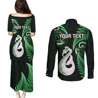 Personalised New Zealand Couples Puletasi Dress and Long Sleeve Button Shirts Aotearoa Silver Fern With Manaia Maori Unique Green - Wonder Print Shop
