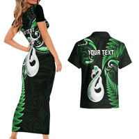 Personalised New Zealand Couples Short Sleeve Bodycon Dress and Hawaiian Shirt Aotearoa Silver Fern With Manaia Maori Unique Green - Wonder Print Shop