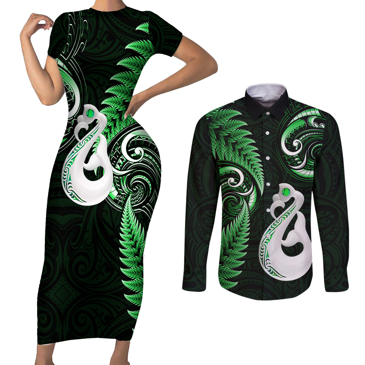 Personalised New Zealand Couples Short Sleeve Bodycon Dress and Long Sleeve Button Shirts Aotearoa Silver Fern With Manaia Maori Unique Green - Wonder Print Shop
