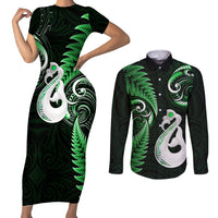 Personalised New Zealand Couples Short Sleeve Bodycon Dress and Long Sleeve Button Shirts Aotearoa Silver Fern With Manaia Maori Unique Green - Wonder Print Shop