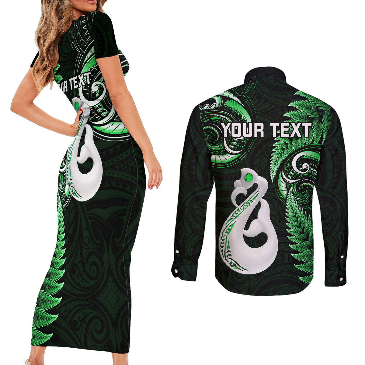 Personalised New Zealand Couples Short Sleeve Bodycon Dress and Long Sleeve Button Shirts Aotearoa Silver Fern With Manaia Maori Unique Green - Wonder Print Shop
