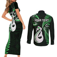 Personalised New Zealand Couples Short Sleeve Bodycon Dress and Long Sleeve Button Shirts Aotearoa Silver Fern With Manaia Maori Unique Green - Wonder Print Shop