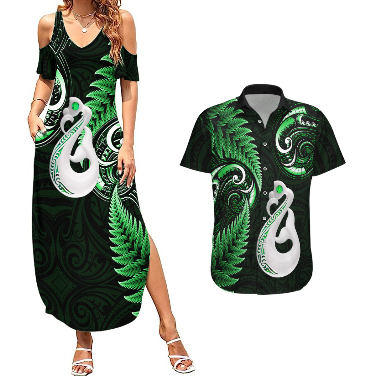 Personalised New Zealand Couples Summer Maxi Dress and Hawaiian Shirt Aotearoa Silver Fern With Manaia Maori Unique Green - Wonder Print Shop