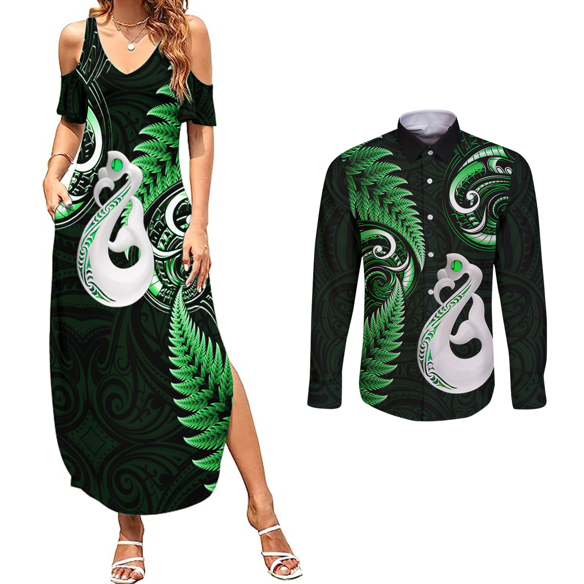 Personalised New Zealand Couples Summer Maxi Dress and Long Sleeve Button Shirts Aotearoa Silver Fern With Manaia Maori Unique Green - Wonder Print Shop
