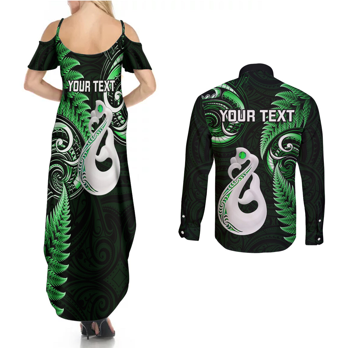 Personalised New Zealand Couples Summer Maxi Dress and Long Sleeve Button Shirts Aotearoa Silver Fern With Manaia Maori Unique Green - Wonder Print Shop