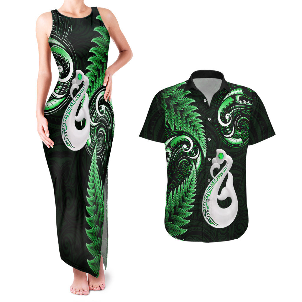 Personalised New Zealand Couples Matching Tank Maxi Dress And Hawaiian Shirt Aotearoa Silver Fern With Manaia Maori Unique Green - Wonder Print Shop