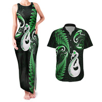 Personalised New Zealand Couples Matching Tank Maxi Dress And Hawaiian Shirt Aotearoa Silver Fern With Manaia Maori Unique Green - Wonder Print Shop