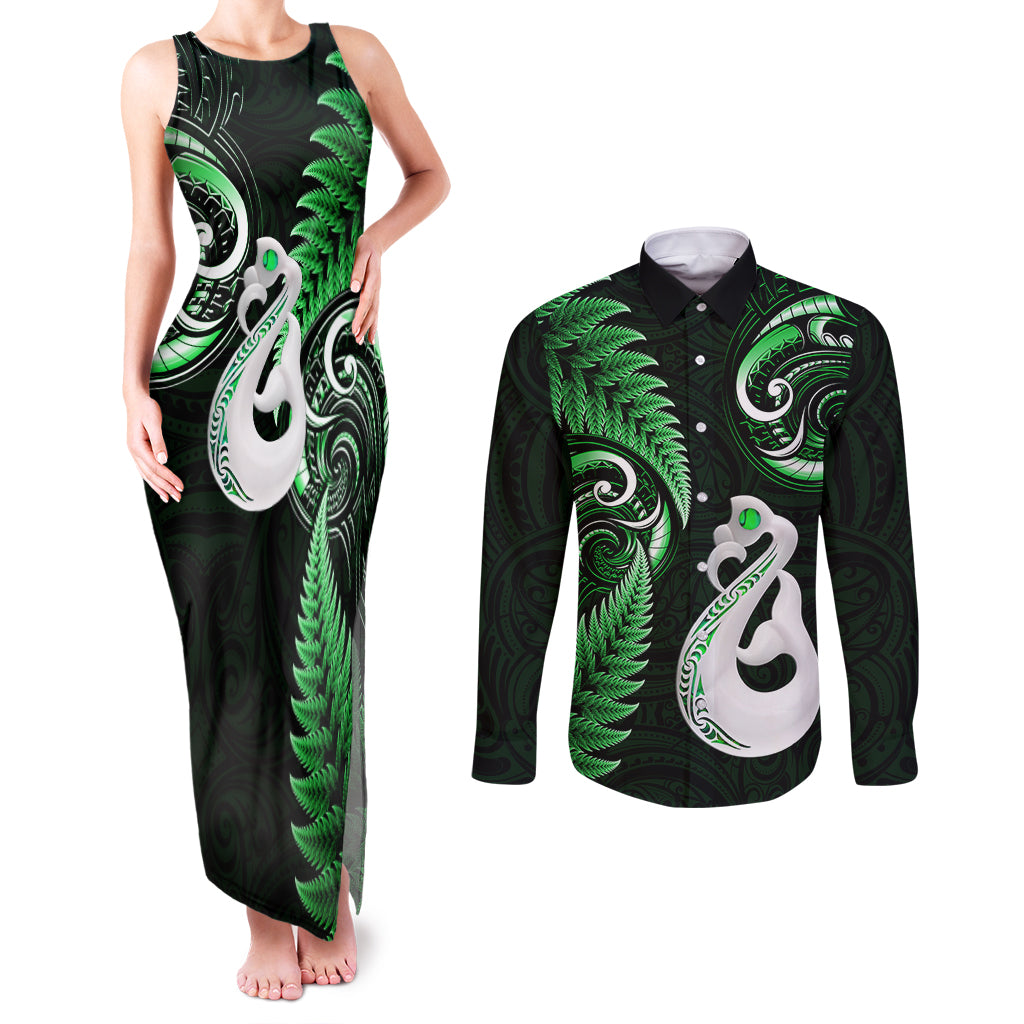 Personalised New Zealand Couples Matching Tank Maxi Dress and Long Sleeve Button Shirts Aotearoa Silver Fern With Manaia Maori Unique Green - Wonder Print Shop