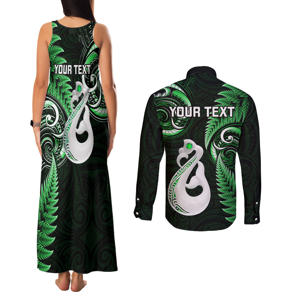 Personalised New Zealand Couples Matching Tank Maxi Dress and Long Sleeve Button Shirts Aotearoa Silver Fern With Manaia Maori Unique Green - Wonder Print Shop