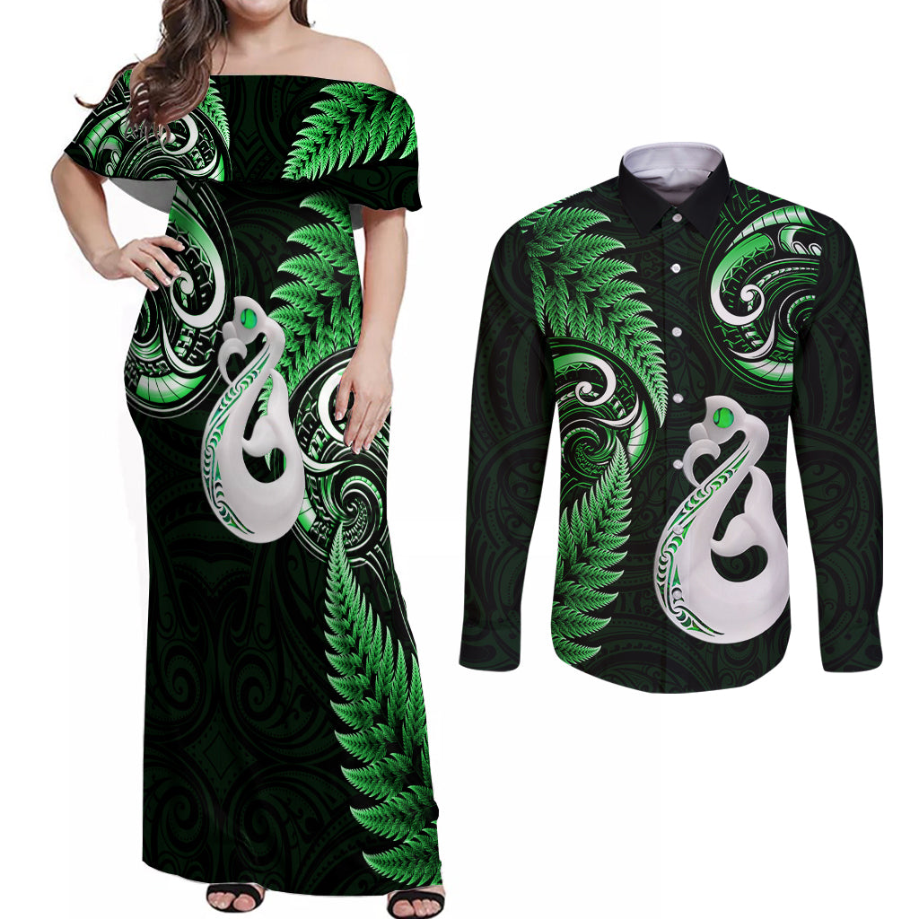 Personalised New Zealand Couples Off Shoulder Maxi Dress and Long Sleeve Button Shirts Aotearoa Silver Fern With Manaia Maori Unique Green - Wonder Print Shop