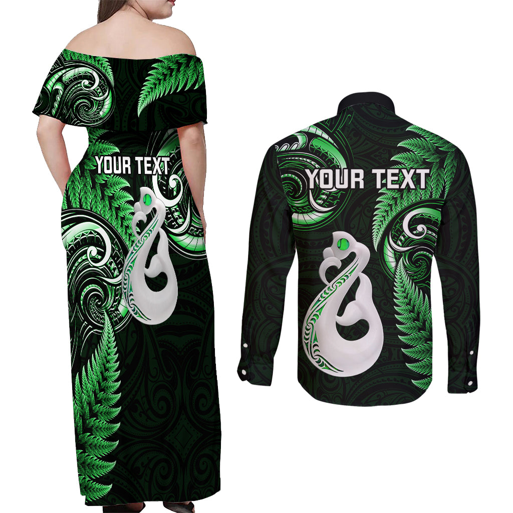 Personalised New Zealand Couples Off Shoulder Maxi Dress and Long Sleeve Button Shirts Aotearoa Silver Fern With Manaia Maori Unique Green - Wonder Print Shop