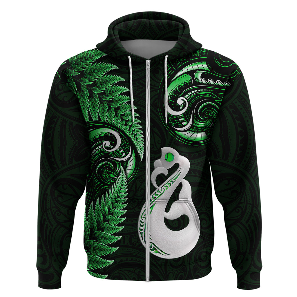 Personalised New Zealand Hoodie Aotearoa Silver Fern With Manaia Maori Unique Green - Wonder Print Shop