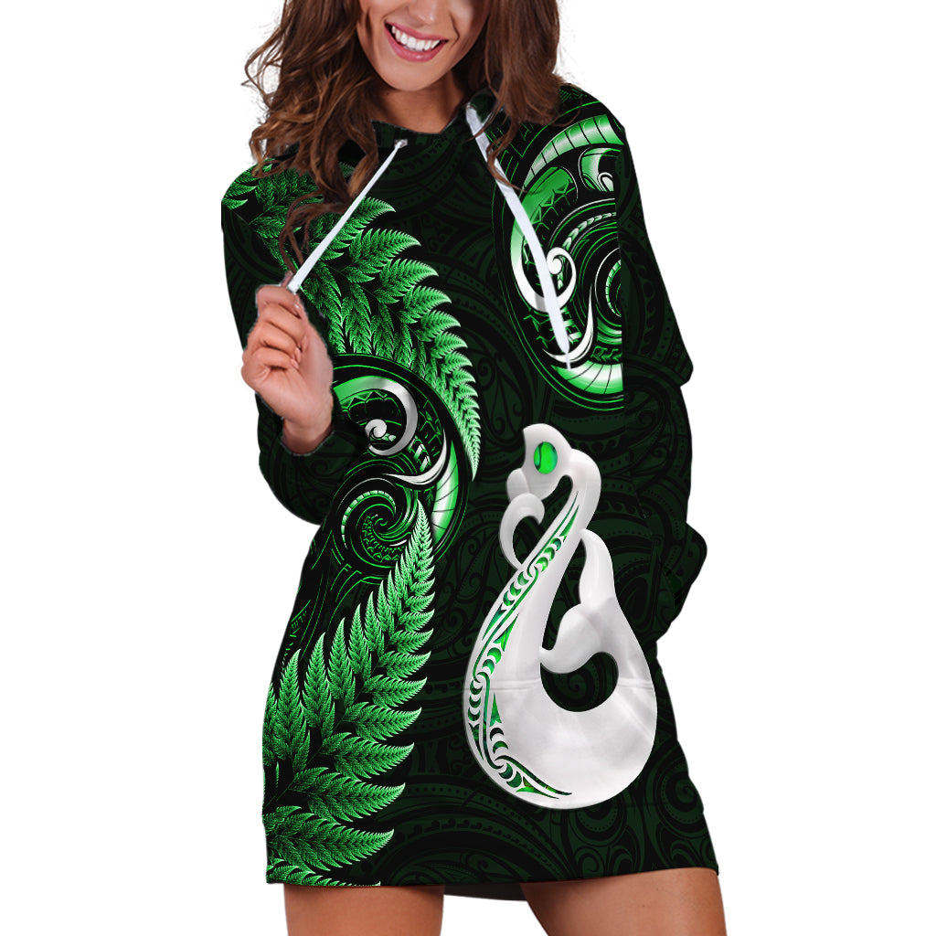 Personalised New Zealand Hoodie Dress Aotearoa Silver Fern With Manaia Maori Unique Green - Wonder Print Shop