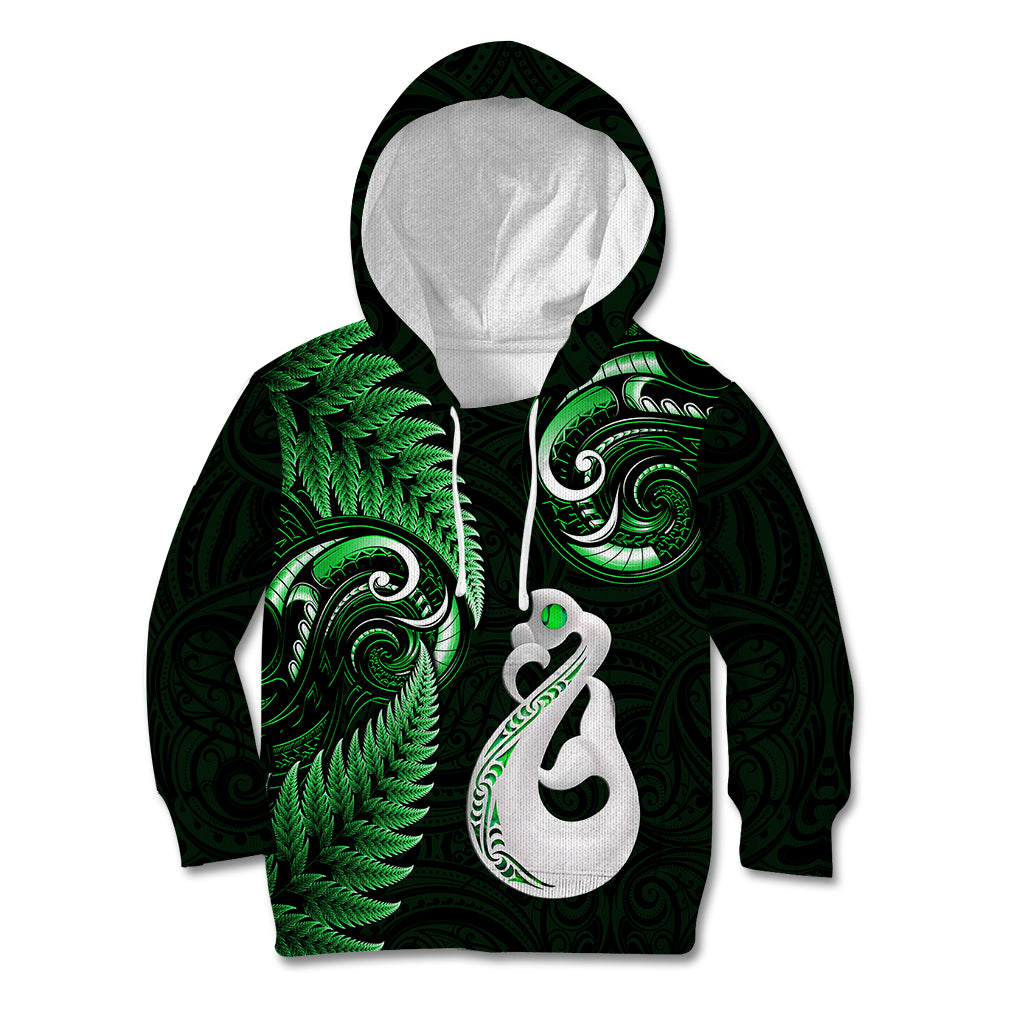 Personalised New Zealand Kid Hoodie Aotearoa Silver Fern With Manaia Maori Unique Green - Wonder Print Shop