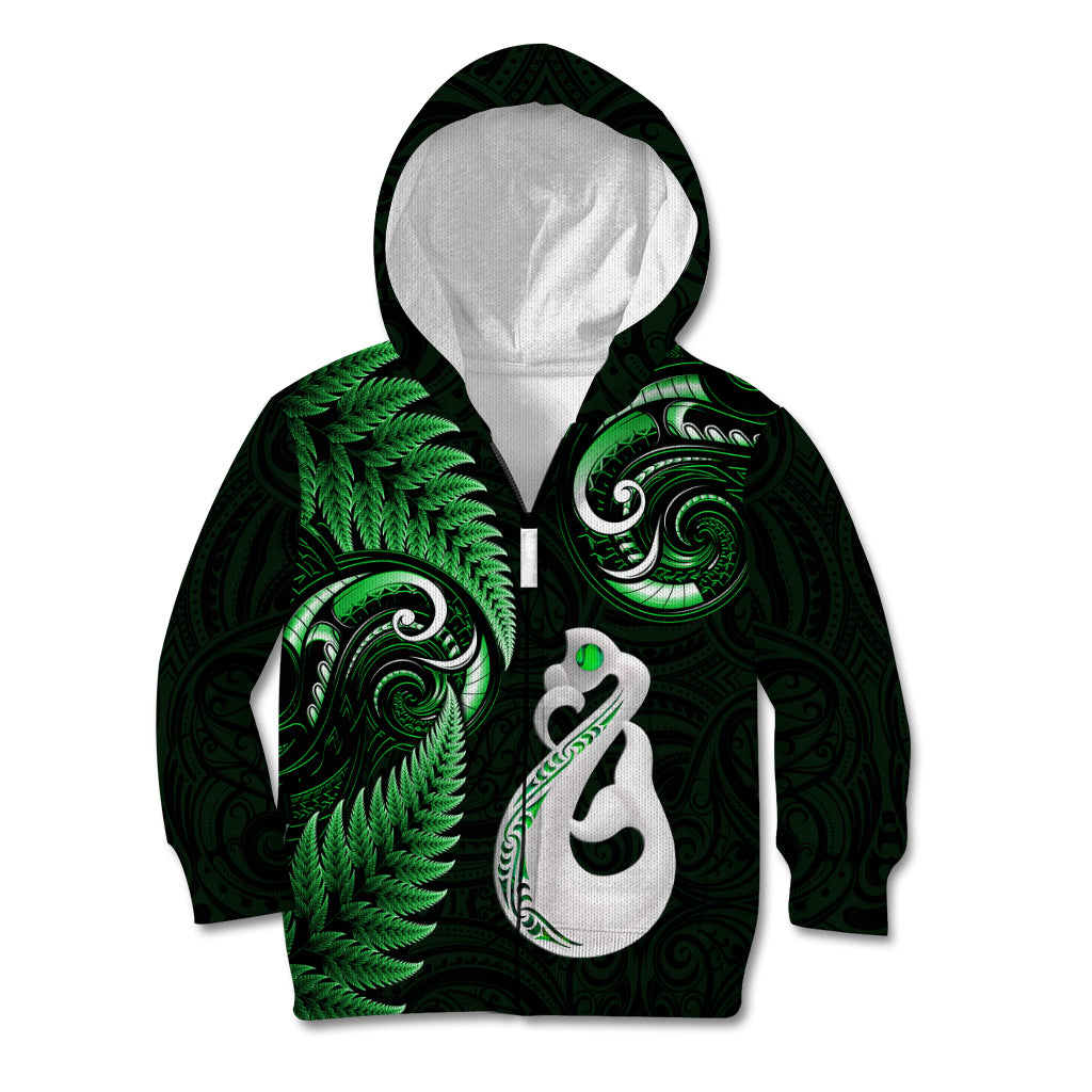 Personalised New Zealand Kid Hoodie Aotearoa Silver Fern With Manaia Maori Unique Green - Wonder Print Shop