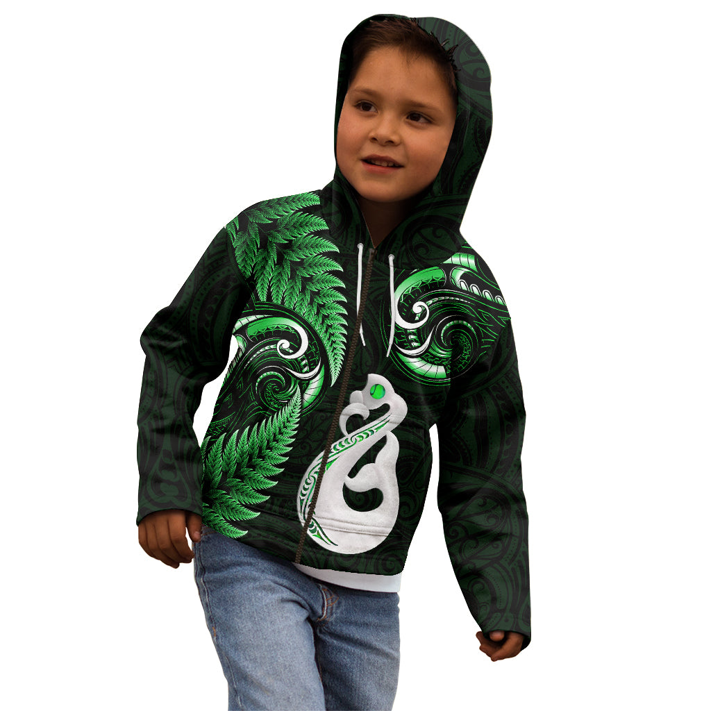 Personalised New Zealand Kid Hoodie Aotearoa Silver Fern With Manaia Maori Unique Green - Wonder Print Shop