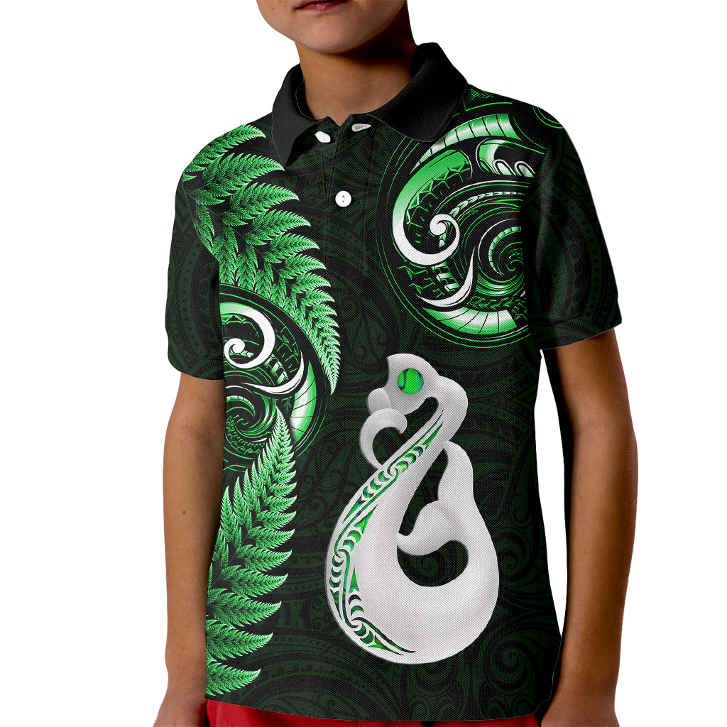 Personalised New Zealand Kid Polo Shirt Aotearoa Silver Fern With Manaia Maori Unique Green - Wonder Print Shop