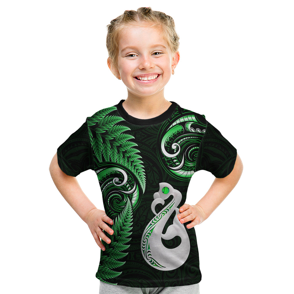 Personalised New Zealand Kid T Shirt Aotearoa Silver Fern With Manaia Maori Unique Green - Wonder Print Shop