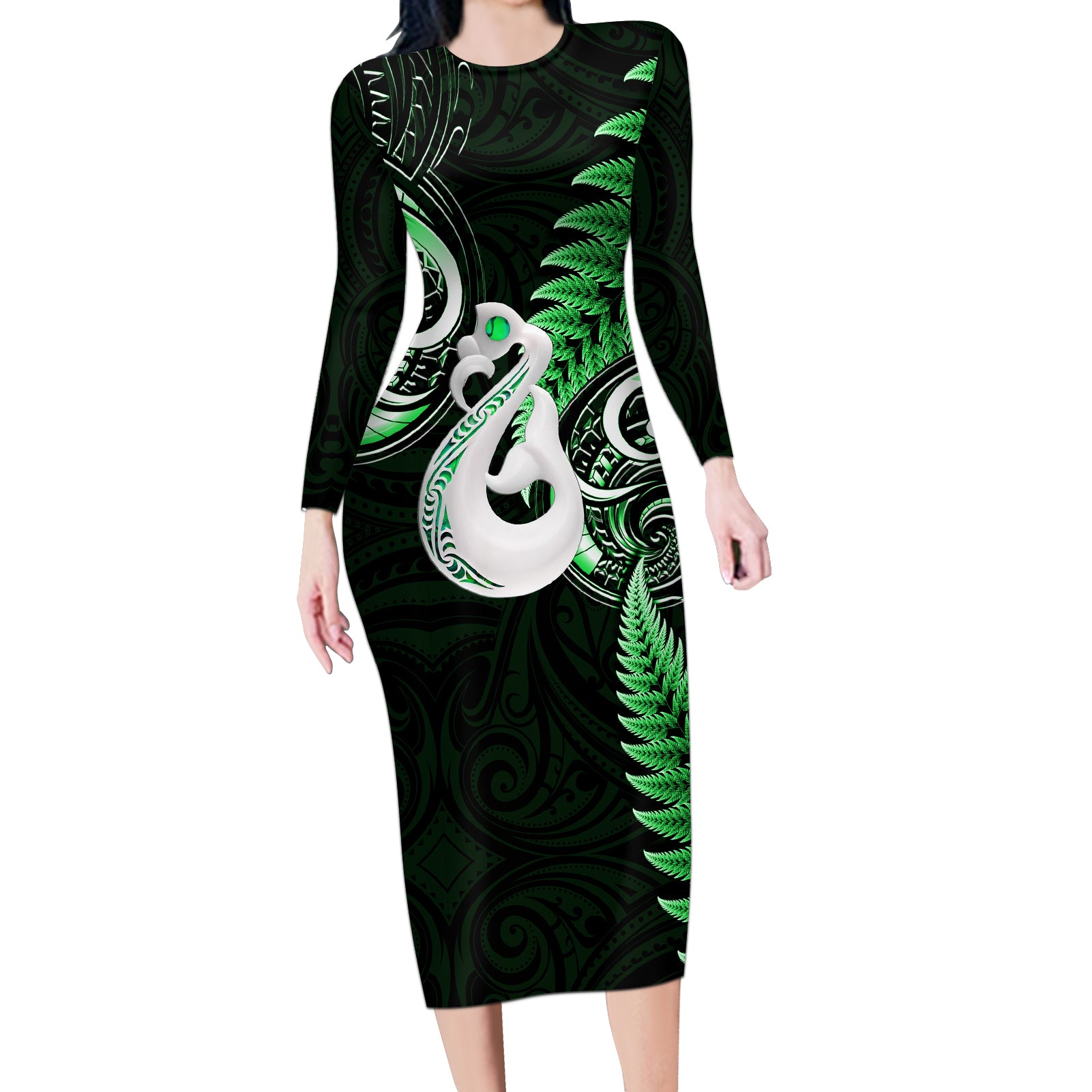 Personalised New Zealand Long Sleeve Bodycon Dress Aotearoa Silver Fern With Manaia Maori Unique Green - Wonder Print Shop
