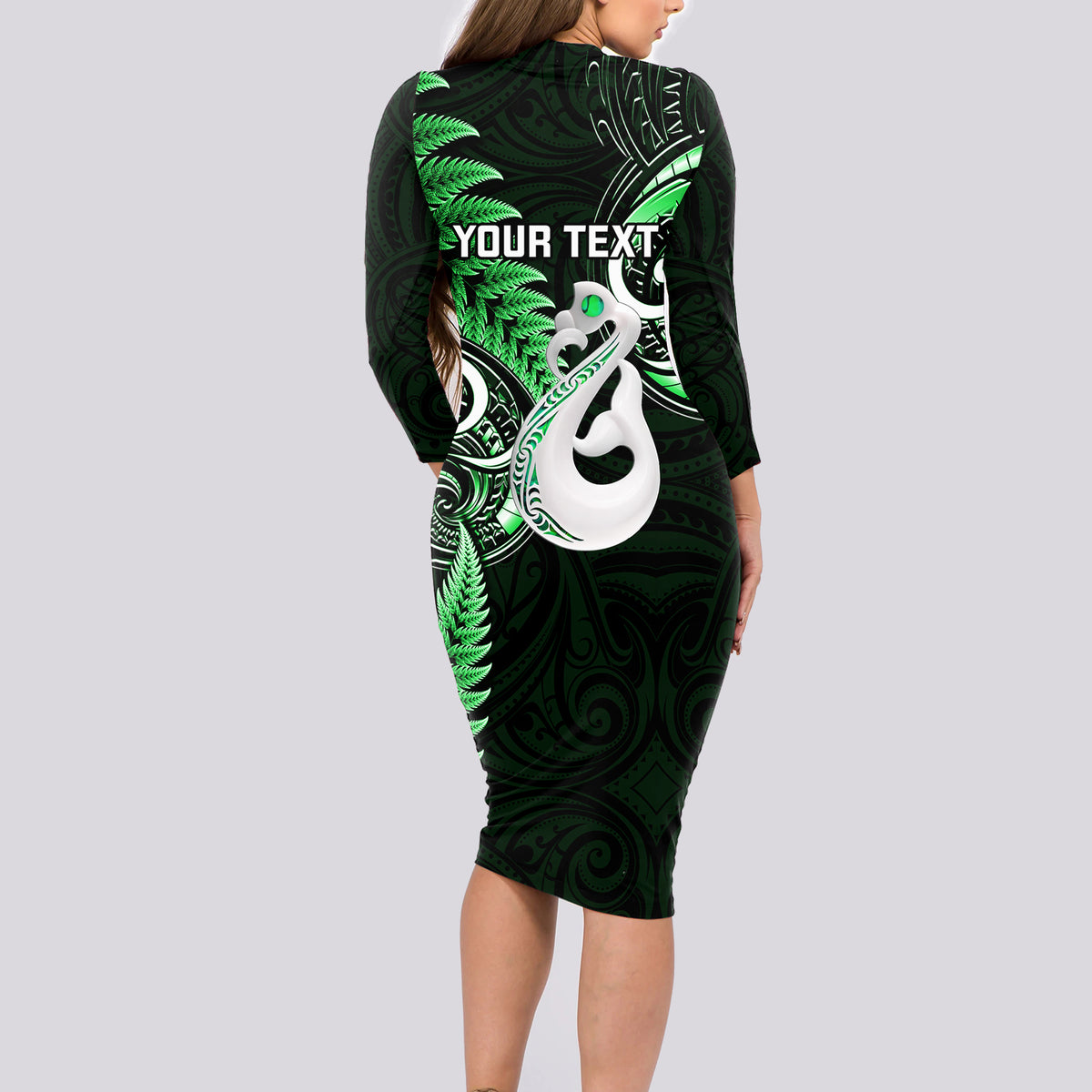 Personalised New Zealand Long Sleeve Bodycon Dress Aotearoa Silver Fern With Manaia Maori Unique Green - Wonder Print Shop