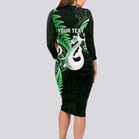 Personalised New Zealand Long Sleeve Bodycon Dress Aotearoa Silver Fern With Manaia Maori Unique Green - Wonder Print Shop